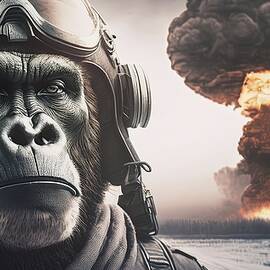 a gorilla that is a fighter pilot. a nuclear bomb exploding in the background. by engin akyurt