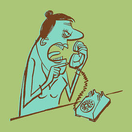 Angry woman using stationary phone