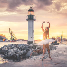Ballerina At Sunset On The Harbor by Vasil Nanev