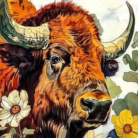 Buffalo watercolor animal art 2 by Justyna Jaszke