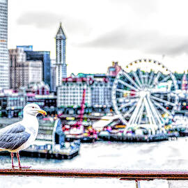 Seagull and Seattle Ferris Wheel by Darryl Brooks