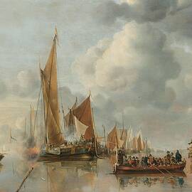 The Home Fleet Saluting the State Barge. by Jan van de Cappelle