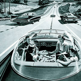 1950s futuristic jet age vehicle with family on roadway by Retrographs