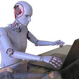 Humanoid Robot Working With Laptop