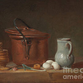 A copper saucepan, a pestle and mortar, a pitcher, a scallion, eggs and an onion on a shelf  by Jean-Baptiste Simeon Chardin