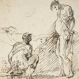 A Crouching Man Defecating And A Standing Man Urinating