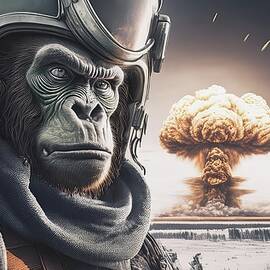 a gorilla that is a fighter pilot. a nuclear bomb exploding in the background. by engin akyurt