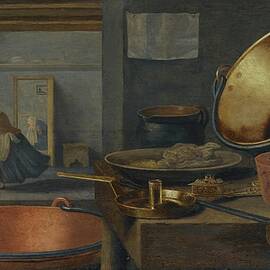 A Kitchen Still Life With Pots And Pans On A Stone Ledge