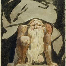 A Naked Man With A Long Beard Kneeling With One Knee Raised And Both Hands On The Ground, Plate 23 From The First Book Of Urizen, 1794 by William Blake