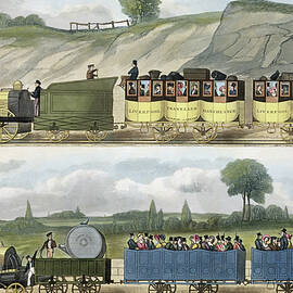 A Train Of The First Class (top) And A Train Of The Second Class (bottom) From Coloured View Of The Liverpool And Manchester Railway by Isaac Shaw