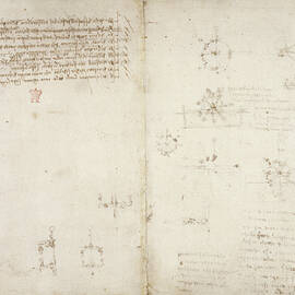 Arundel 263, F.35v, F.34 Drawings On The Mechanical Powers And Forces, Percussion, Gravity, Motion, Optics And Astronomy, With Various Arithmetical And Geometrical Propositions. by Leonardo Da Vinci