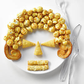 Assiette De Biscuits Aperitif Et Pop-corn En Forme De Visage Plate Of Appetizers And Popcorn In The Shape Of A Face by Studio - Photocuisine