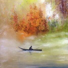 Autumn dawning, Autumn colours, Fisherman on an autumn lake  by Lizzy Forrester
