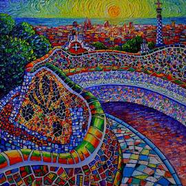 BARCELONA PARK GUELL SUNRISE modern impressionist impasto knife oil painting Ana Maria Edulescu by Ana Maria Edulescu