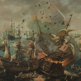 Battle of Gibraltar in 1607. The Explosion of the Spanish Flagship during the Battle of Gibraltar... by Cornelis Claesz van Wieringen Hendrik Cornelisz Vroom -rejected attribution-