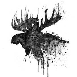 Black and White Moose Head Watercolor Silhouette  by Marian Voicu
