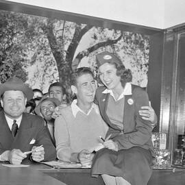 Boston Red Sox manager Joe Cronin Jimmie Foxx  and Ted Williams  all in civvies  surrounded by a cr by Celestial Images