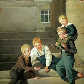 Boys playing dice in front of Christiansborg palace in Copenhagen. by Constantin Hansen