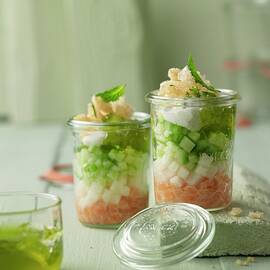 Brook Trout Tatar With Cucumber, Nashi Pears, Lime Sour Cream And Pork Crackling Served With Mint And Chilli Jelly by Jan-peter Westermann