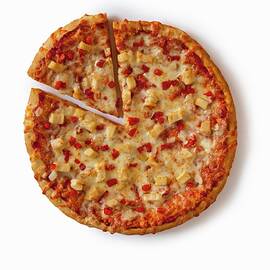 Chicken, Red Pepper And Onion Pizza Sliced Once On A White Background; From Above by Jon Edwards Photography