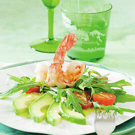 Close-up Of Chilli Prawns With Salad, Avocado And Arugula On Plate by Jalag / Jan C. Brettschneider