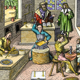 Coin Making In The Middle Ages A Coin-minting Shop Medieval Coiners In Their Workshop Hand-colored Woodcut Reproduction Of A Medieval Illustration by American School