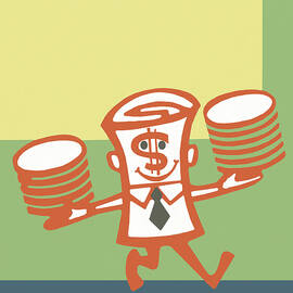 Dollar Bill Character Holding Coins by CSA Images