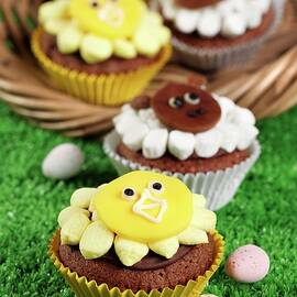 Easter Animal Themed Cupcakes On Grass And In A Basket With Mini Easter Eggs by Stuart Macgregor