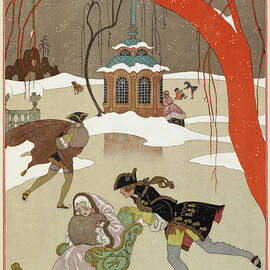 En Patinant People Ice Skating A Woman Seated In A Sled by Georges Barbier