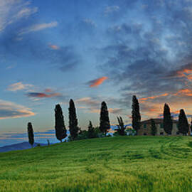 Farmhouse With Cypress Trees At Sunrise by Martin Ruegner