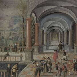 Festive Gathering and Figures from a Commedia dell'Arte in a Gallery. by Monogrammist DB -schilder-