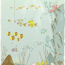 Fish in the ocean whimsical art for kids by Matthias Hauser
