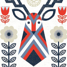 Folk Lodge Deer Ii Red Navy by Michael Mullan