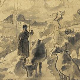 Girl Leading A Herd Of Cows Along A Road