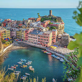 Italy, Liguria, Riviera Di Levante, Cinque Terre, Ligurian Riviera, Parco Nazionale Delle Cinque Terre, Vernazza From Above, Overlooking The Tower And The Village Church by Valentina Ramaccioni