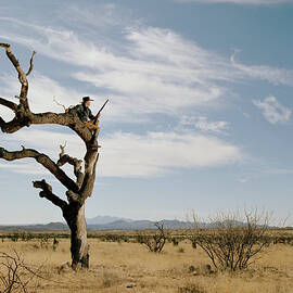 Man Sitting On Tree With Rifle by Matthias Clamer