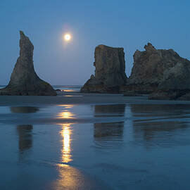 Moon Setting Over Seastacks At Low by Darrell Gulin