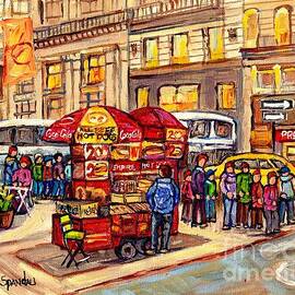 New York City Paintings For Sale  Manhattan Fine Art Food Cart Hot Dog Vendor C Spandau City Scene by Carole Spandau