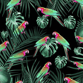 Parrots in the Tropical Jungle Night #1 #tropical #decor #art by Anitas and Bellas Art