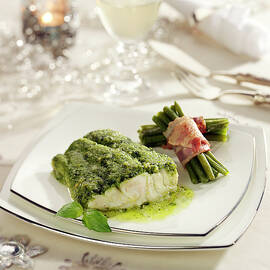Piece Of Cod In Pesto Sauce, Bundle Of Green Beans Wrapped In Bacon by Bertram
