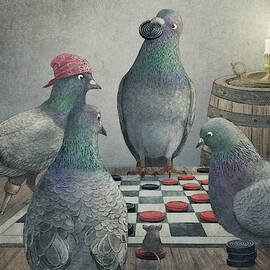 Pigeons Playing Checkers by Eric Fan