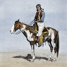 Portrait Of A Comanche Warrior, (brave) On His Pinto Horse, In The Great Prairie (texas, Oklahoma, Usa), Circa 1800 19th Century Lithograph, Based On An Illustration By Frederic Remington by American School