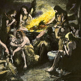 Prehistory Prehistoric Men Finding Refuge In The Caves Where They Are Busy With Daily Stains (fur Of Hunted Beets, Making Tools) Colour Engraving Of The 19th Century by American School
