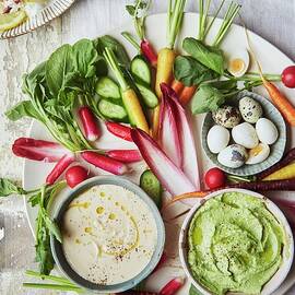 Quails Eggs, Radish, Chicory, Asparagus Crudite With Smoked Trout And Lemon Dip And Broad Bean And Pea Dip by Lukejalbert