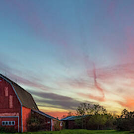 Red Barn Sunset Panorama by Mark Papke