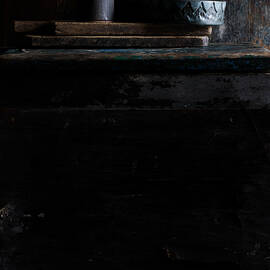 Rustic Low Key Still Life With Ceramic Bowl, Jar And Pot On Cutting Boards, Surface Level View by Brett Stevens