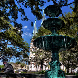 Savannah GA - Lafayette Square fountain and Cathedral of St John the Divine by Peter Herman