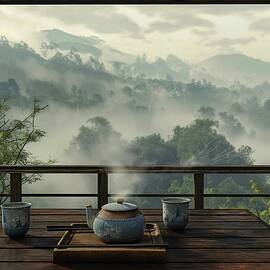 Serene Tea Setting With Mountain View by Trendy Art