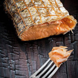 Smoked Salmon In A Net With A Fork by Sandra Krimshandl-tauscher