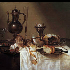 Still Life At The Nautile Table Covered With Silverware, A Bread, A Wine Flute, A Pie And A Peeled Lemon, 1642 (oil On Canvas) by Willem Claesz. Heda